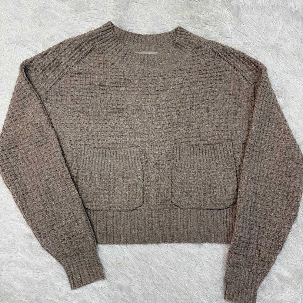 Everlane The Belgian-Waffle Recycled Cashmere Pocket Pullover Sweater Tan Cream - Picture 2 of 7